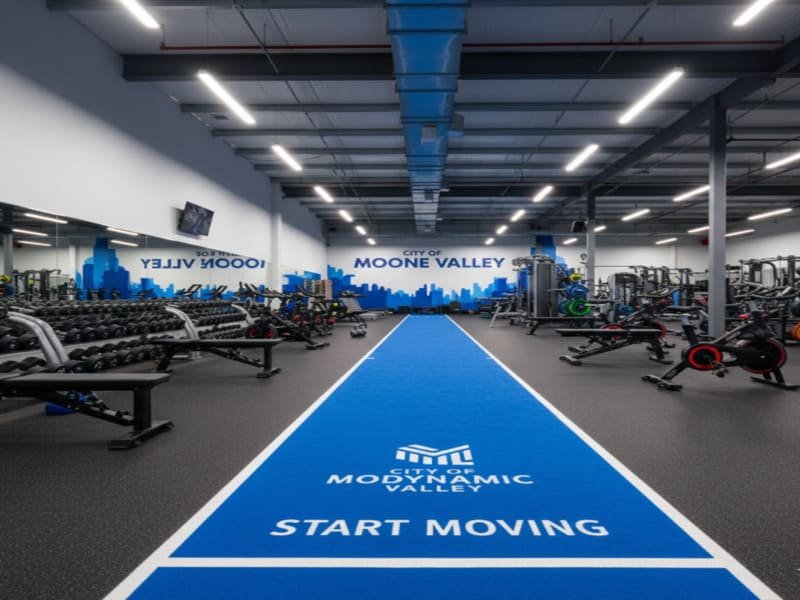 Operaio che intarsia un logo bianco nel manto erboso verde della palestra